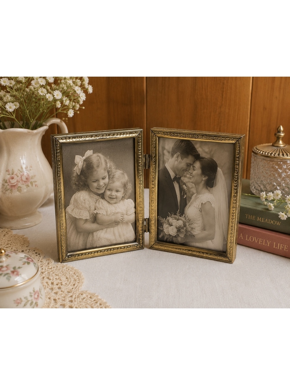 Vintage Brass Tone Double Hinged Picture Frame Holds Two 3.5x5 Photos
